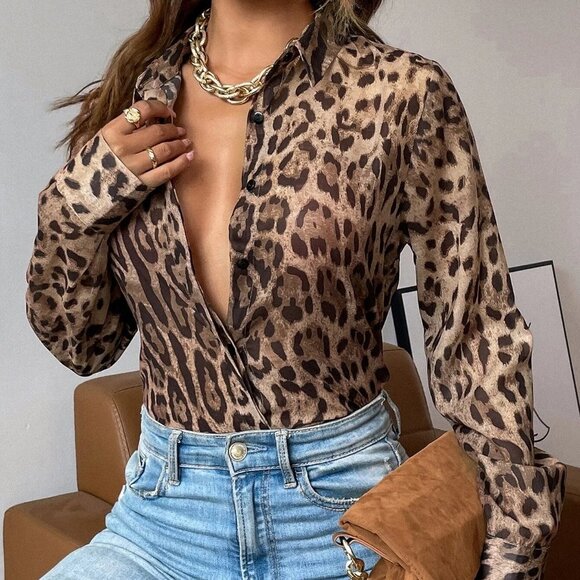 Brown Boho Womens Leopard Print Button Up Shirt - Picture 5 of 5